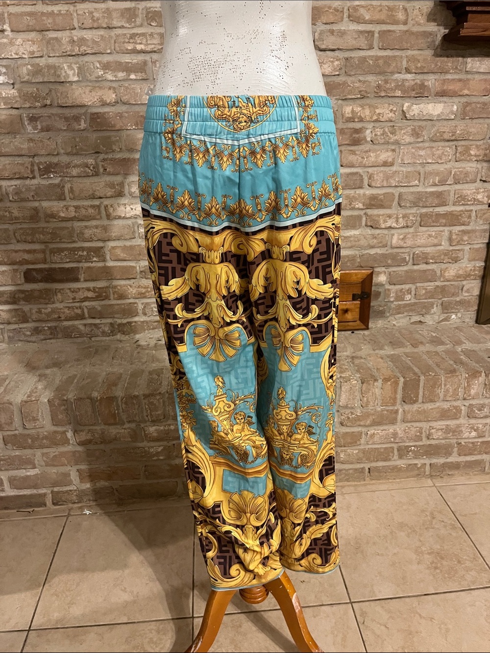 Luxury Baroque Print Palazzo Pants | Turquoise & Gold